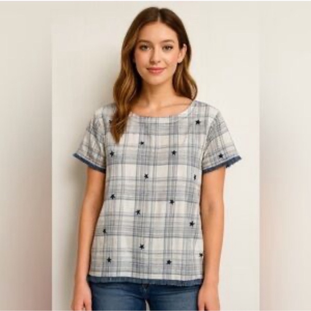 Cloth & Stone Plaid Raw Edge Crop Shirt